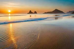 Sonnenuntergang auf das Strand mit Wellen und Felsen. KI-generiert foto