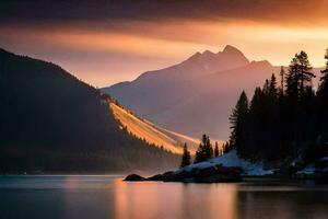 ein See und Berge im das Hintergrund beim Sonnenuntergang. KI-generiert foto