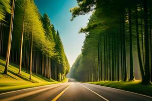 ein Straße im das Wald mit Bäume und Sonne. KI-generiert foto