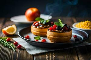 zwei Mini Kuchen mit Beeren und Äpfel auf ein Platte. KI-generiert foto