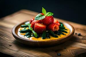 ein Teller von Erdbeeren und Grün Bohnen mit ein Löffel. KI-generiert foto