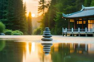 ein Stapel von Steine sitzt auf das Wasser im Vorderseite von ein Pagode. KI-generiert foto