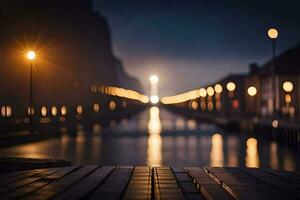 ein lange hölzern Seebrücke mit Beleuchtung auf es beim Nacht. KI-generiert foto