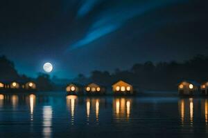 Mondlicht auf das Wasser, See, Haus, hd Hintergrund. KI-generiert foto