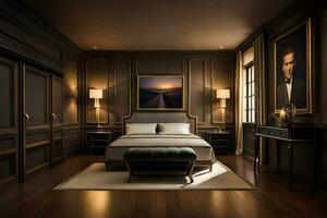 ein Schlafzimmer mit dunkel Holz Wände und ein Bett. KI-generiert foto