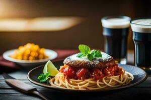 Spaghetti mit Tomate Soße und Fleischklößchen auf ein Platte. KI-generiert foto