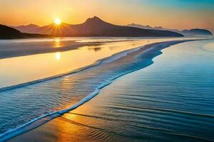 das Sonne setzt Über ein Strand und Berge. KI-generiert foto