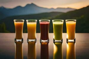 fünf Brille von Saft auf ein Tabelle mit Berge im das Hintergrund. KI-generiert foto