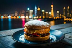 ein Burger auf ein Teller mit ein Stadt Horizont im das Hintergrund. KI-generiert foto