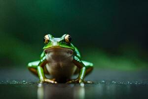 ein Frosch Sitzung auf das Boden mit ein Grün Hintergrund. KI-generiert foto