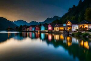 bunt Häuser auf das Ufer von ein See beim Dämmerung. KI-generiert foto