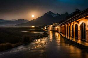 ein Zug läuft entlang ein Straße beim Nacht mit Berge im das Hintergrund. KI-generiert foto