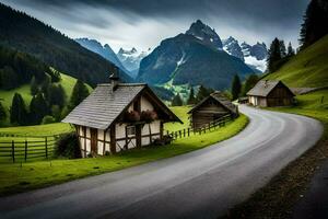 Foto Hintergrund das Himmel, Berge, Straße, Haus, Straße, das Landschaft, Straße, Die. KI-generiert