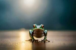 ein Frosch Sitzung auf ein hölzern Boden. KI-generiert foto