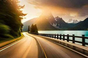 ein Auto Fahren entlang ein Straße mit Berge im das Hintergrund. KI-generiert foto