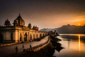 das Sonne setzt Über ein groß Gebäude im Indien. KI-generiert foto