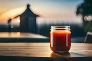 ein Glas von Saft sitzt auf ein Tabelle im Vorderseite von ein Sonnenuntergang. KI-generiert foto