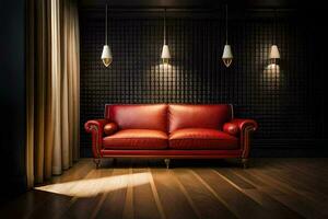 ein rot Leder Sofa im ein dunkel Zimmer. KI-generiert foto