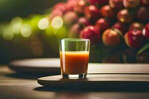 ein Glas von Orange Saft auf ein hölzern Tisch. KI-generiert foto