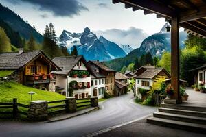 ein Dorf im das Alpen mit Berge im das Hintergrund. KI-generiert foto