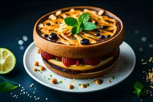 ein Kuchen mit Beeren und Schokolade auf oben. KI-generiert foto