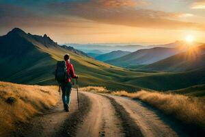 ein Mann mit ein Rucksack Gehen auf ein Schmutz Straße im das Berge. KI-generiert foto