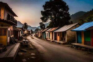 ein Straße gefüttert mit bunt Häuser beim Sonnenuntergang. KI-generiert foto