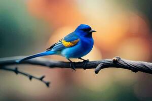 ein Blau Vogel Sitzung auf ein Ast mit ein verschwommen Hintergrund. KI-generiert foto