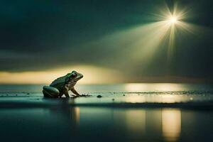 ein Frosch Sitzung auf das Strand mit das Sonne leuchtenden. KI-generiert foto