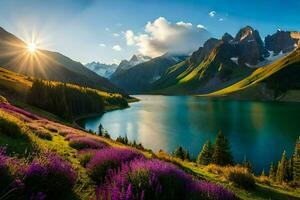 das Sonne scheint Über ein See und lila Blumen im das Berge. KI-generiert foto