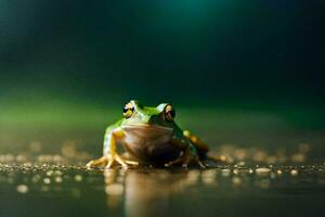 ein Frosch Sitzung auf das Boden mit ein Grün Hintergrund. KI-generiert foto