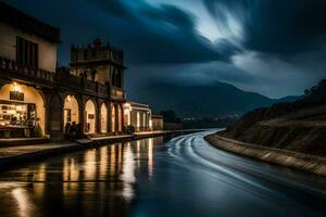 ein lange Exposition Foto von ein Fluss beim Nacht. KI-generiert