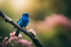 ein Blau Vogel sitzt auf ein Ast mit Rosa Blumen. KI-generiert foto