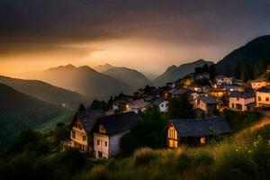 Foto Hintergrund das Himmel, Berge, Dorf, Sonnenuntergang, das Dorf, das Dorf, das Dorf. KI-generiert