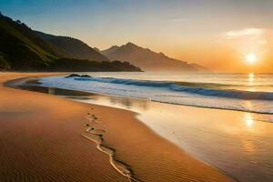 das Strand, das Himmel, das Berge, das Meer, das Sand, das Fußspuren, Die. KI-generiert foto