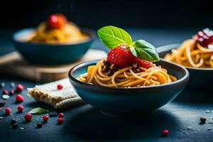 Spaghetti mit Erdbeeren und Basilikum Blätter im ein Schüssel. KI-generiert foto