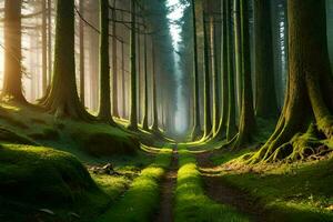 ein Pfad durch ein Wald mit Bäume und Gras. KI-generiert foto