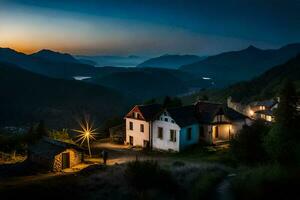 ein klein Haus im das Berge beim Dämmerung. KI-generiert foto