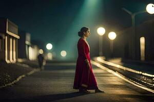 ein Frau im rot Kleid Gehen Nieder ein Straße beim Nacht. KI-generiert foto