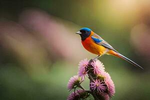 ein bunt Vogel sitzt auf oben von ein Blume. KI-generiert foto