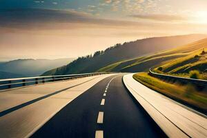 ein Autobahn mit ein Sonne Rahmen hinter Es. KI-generiert foto