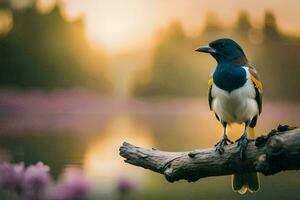 ein Vogel Sitzung auf ein Ast im Vorderseite von ein See. KI-generiert foto