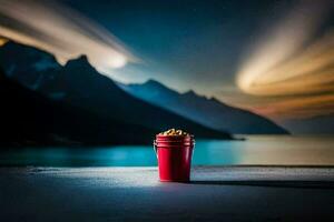 ein rot Tasse Sitzung auf das Boden mit Berge im das Hintergrund. KI-generiert foto