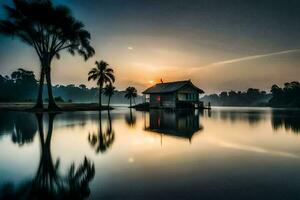 ein Haus auf das Wasser beim Sonnenuntergang. KI-generiert foto