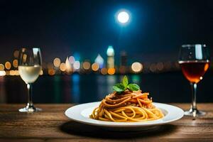 Spaghetti und Wein auf das Tisch. KI-generiert foto