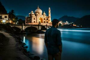 ein Mann Stehen im Vorderseite von ein Moschee beim Nacht. KI-generiert foto
