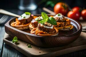 drei Mini Pizza mit Fleisch und Käse auf ein hölzern Platte. KI-generiert foto