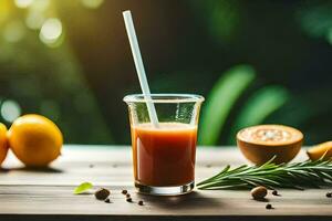 ein Glas von Saft mit ein Stroh auf ein Tisch. KI-generiert foto