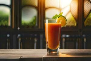 ein Glas von Orange Saft auf ein hölzern Tisch. KI-generiert foto