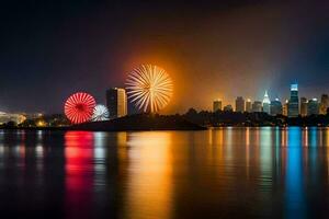 Feuerwerk Über das Stadt Horizont beim Nacht. KI-generiert foto